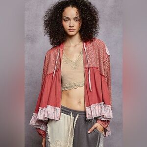 POL Boho Red Lace Hoodie Jacket - size Large